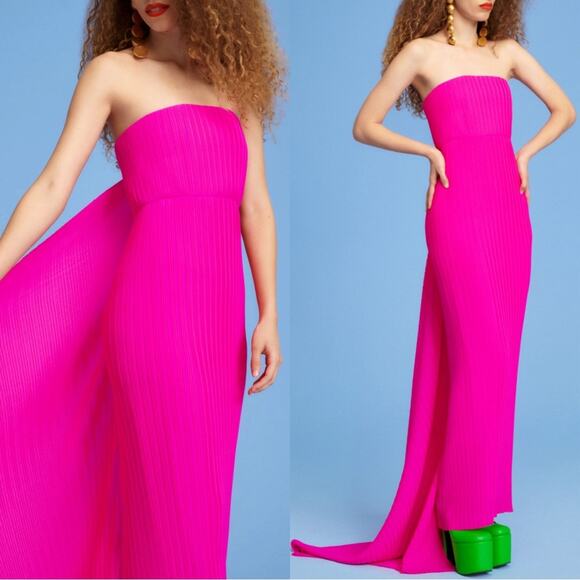 Solace London Harlee Strapless Pleated Chiffon Train Hot Pink Maxi Dress Size 4 - Picture 2 of 12